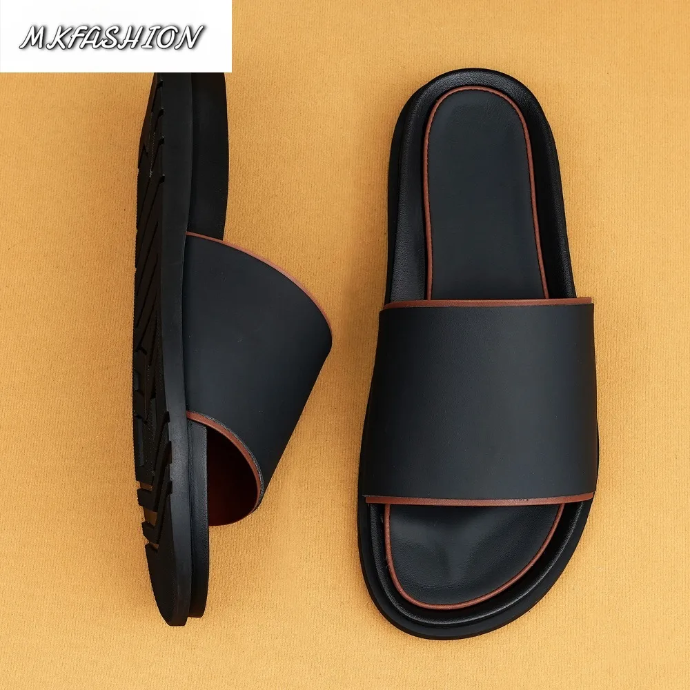 Men's Cowhide Leather Breathable Soft Rubber-Soled Slippers Slip On Flats Slides Casual Shoes