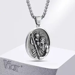 Vnox Stainless Steel Necklaces For Men Women Saint Christopher Elliptical Tag Black Pendant Classic Faith Jewelry Gifts