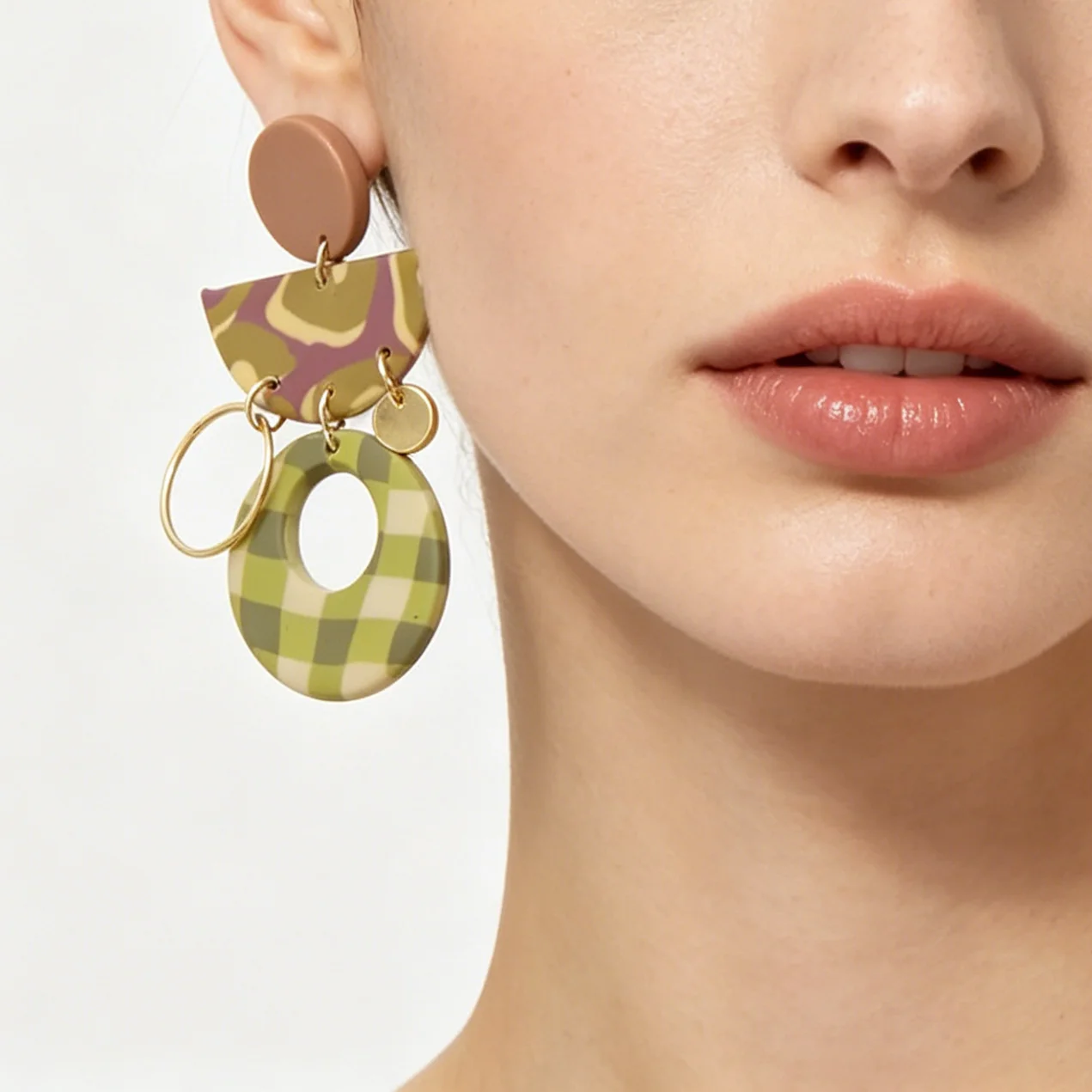Unique Multi Layer Geometric Clay Earrings Checkered Doughnut Abstract Multi Colors Semicircle Gold Ring Charms Light Weighted