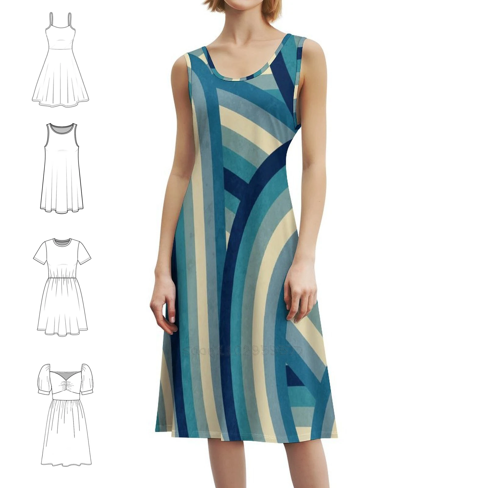 خمر تلاشى 70'S نمط الأزرق قوس قزح المشارب الأزهار سموك فستان للنساء الربيع الصيف فستان كاجوال للحزب كاليفورنيا كالي