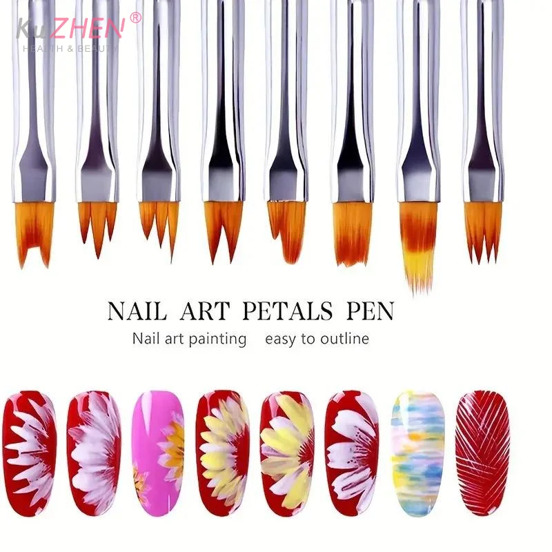 Juego de 8 Uds. De bolígrafo de diente de sierra con dibujo de flores para uñas, gradiente oblicuo, pintura de pétalos en forma de mezcla multifuncional, pincel para decoración de uñas en Gel