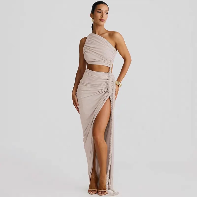 女性スキューネックドレスレディスプリットスリム巾着中空アウトストラップレスサマーロングドレス Famle パーティーディナー宴会 Vestidos