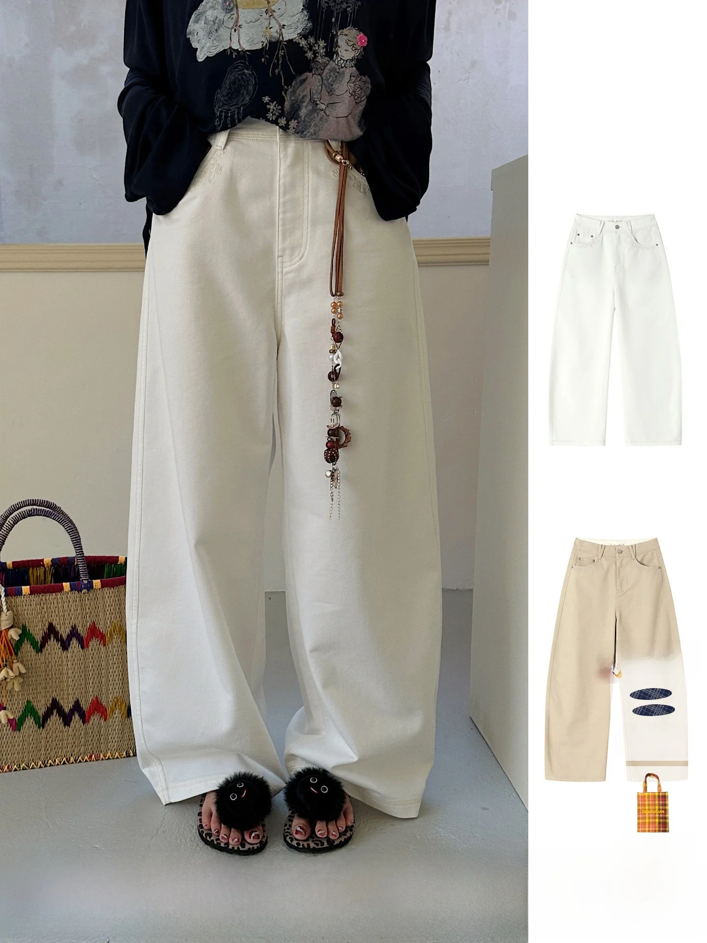 

REREK Brand Retro Embroidered Knife Casual Pants High Waist Straight Leg Cotton Polyester Blend Summer Loose Fit Lad...