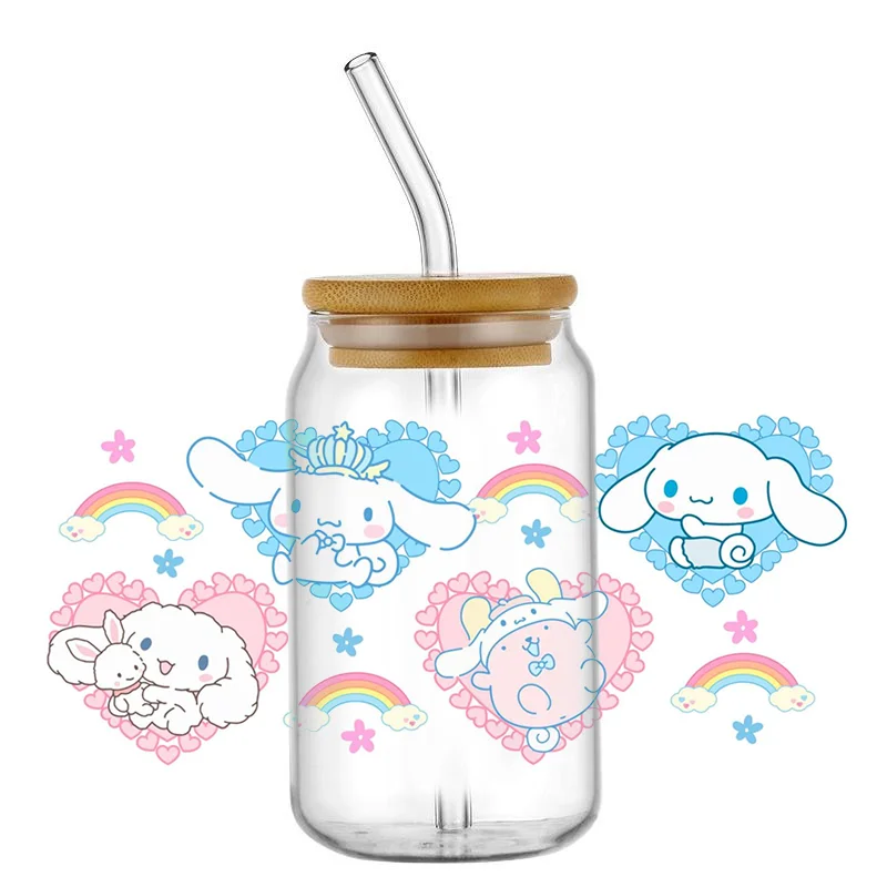 Miniso roztomilá děťátko cinnamoroll 28pcs střih 3D kreslený UV DTF dovést nálepka vodotěsný obtisky pro 16oz sklo pohár balit nálepky