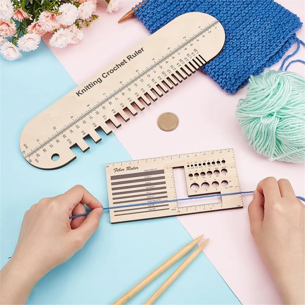2026 New Tool 2Pcs Wooden Sock Knitting Rulers Gauge Knitting Calculator Multi-Functional Yarn Measuring Tools for Spinners