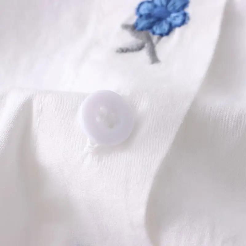 Spring Embroidered Blue Small Flower Full Cotton Long-sleeved Shirt for Women's Base Shirt Korean Style Age-reducing Versatile