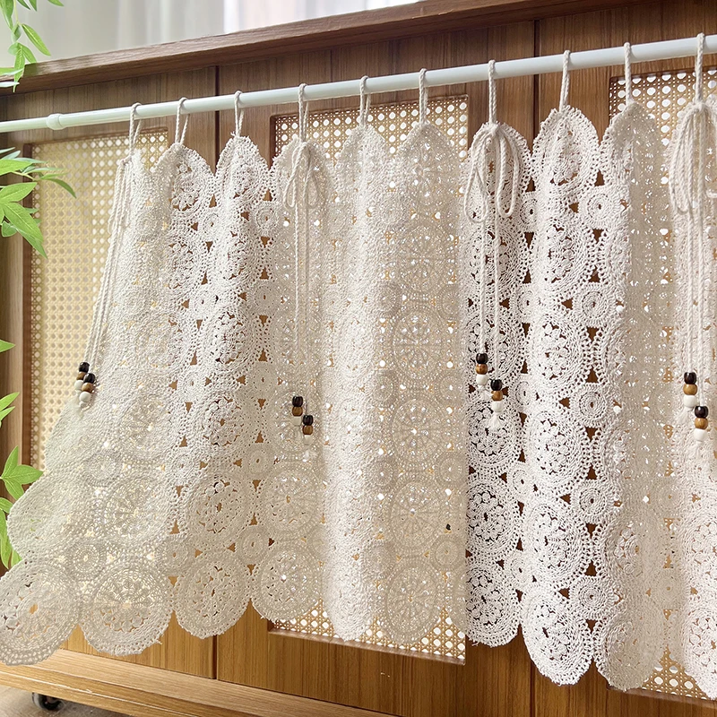 

Bohemian Geometric Embroidered Hollowed Short Curtain with Rope Beads Design For Living Room Bedroom Kitchen Homestay Farmhouse