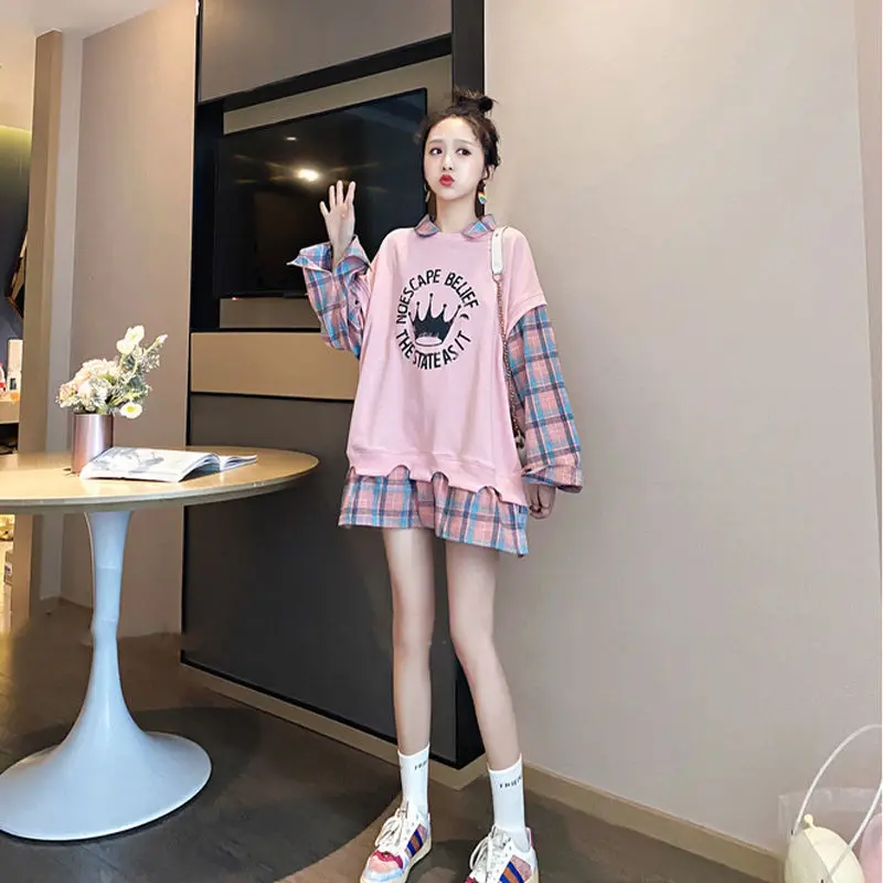 Autumn Casual Korean Patchwork Turn-down Collar Long Sleeve T-Shirts Female All-match Printing Fake Two Pieces Trend Sweatshirts