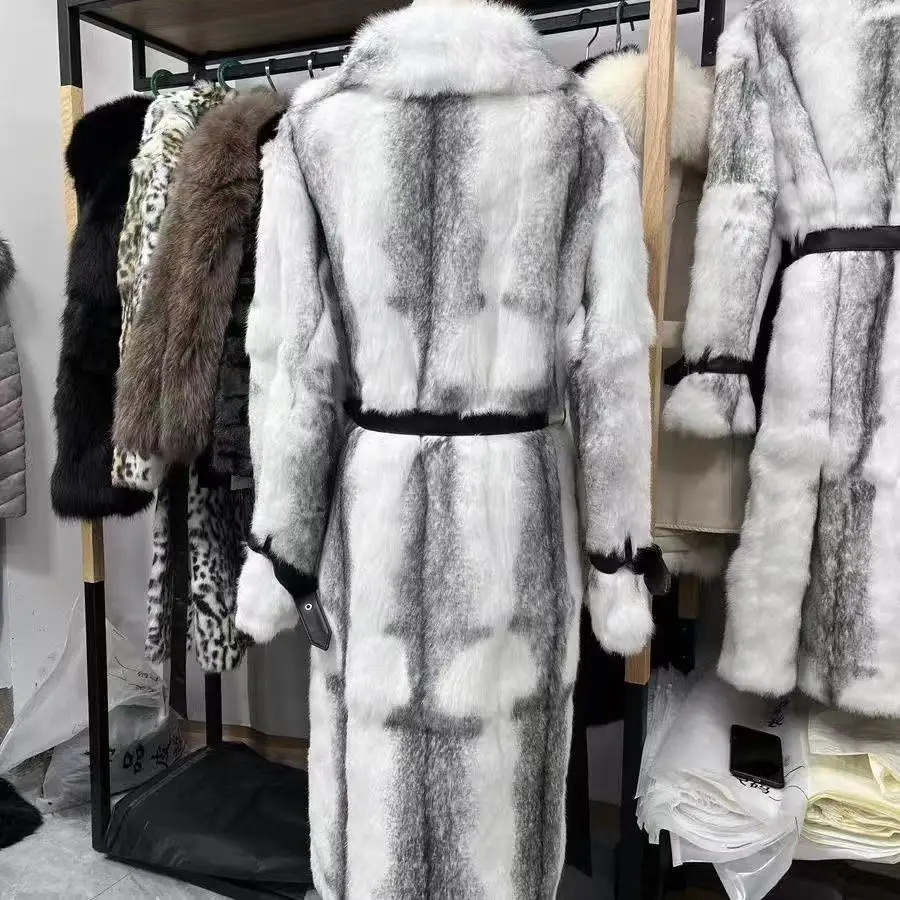 Winter Women Women's imported 100% Real Rabbit Fur Coat X-Long Natural Rabbit Fur Jacket Thick Warm Ladies Overcoat