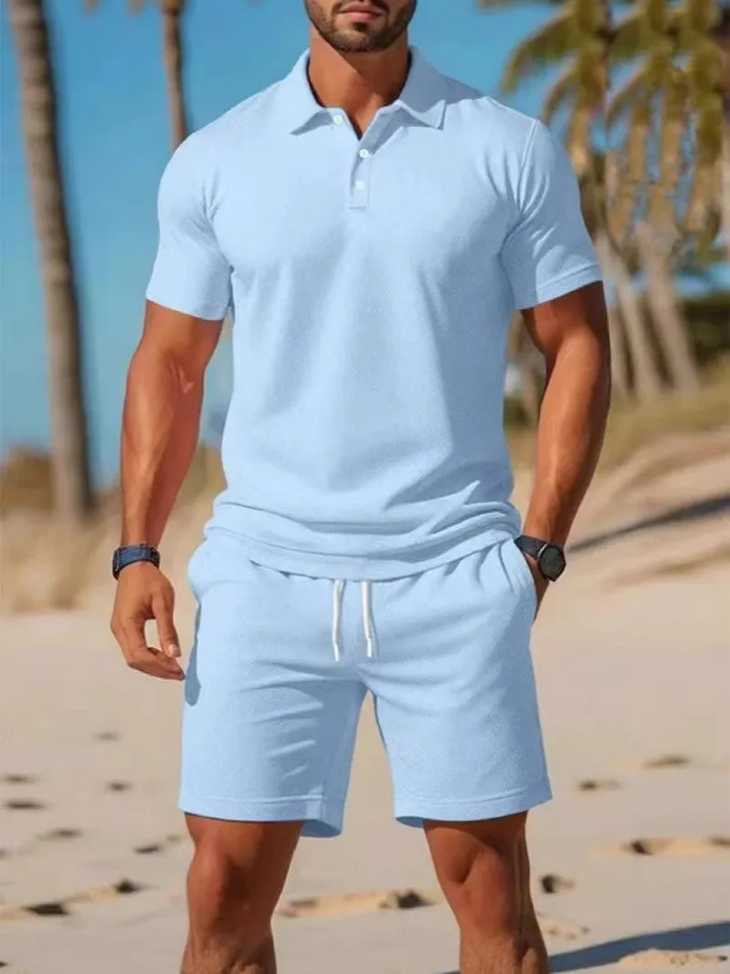 

New Men's Running short-sleeved polo+Shorts 2 piece sets casual Golf suits Mesh Quick Drying lapel Tops Sets Men Summer