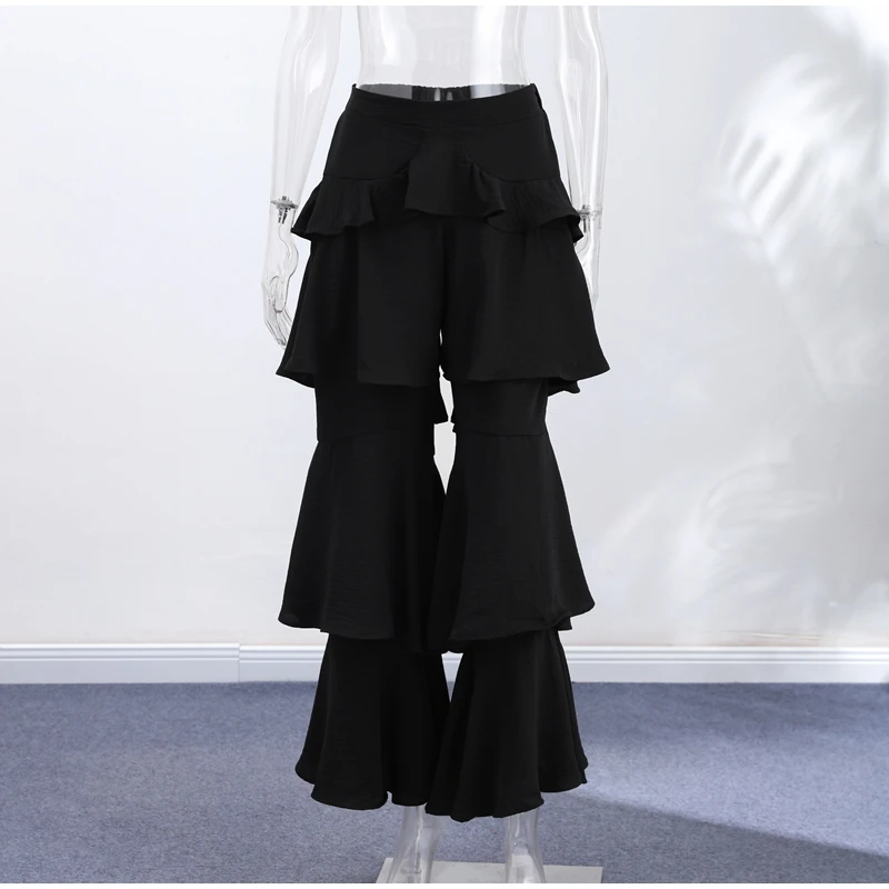 Chic Women's Solid Cascading Ruffles Flare Pants Chiffon High Waist Female Black Trousers 2026 Summer Lady All-match Trouser New