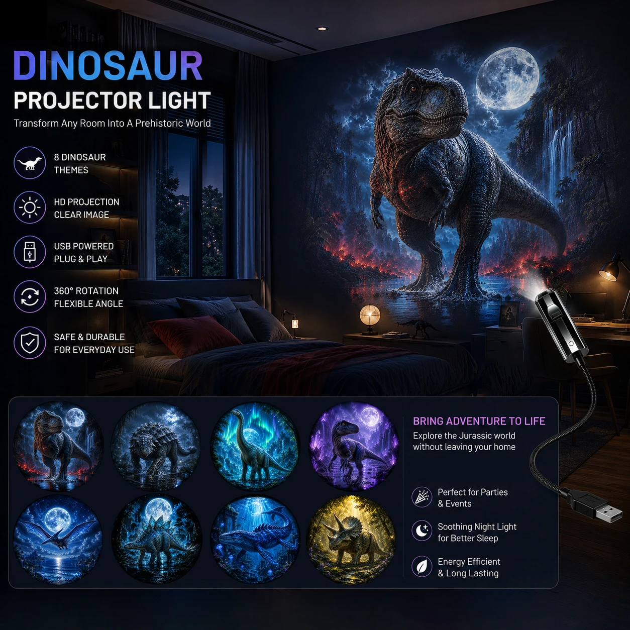 Projetor de Luz de Dinossauro Fantástico, Luz Noturna Ambiental USB com Efeito de Lua e Galáxia Jurássica, Ideal para Decoração de Quarto