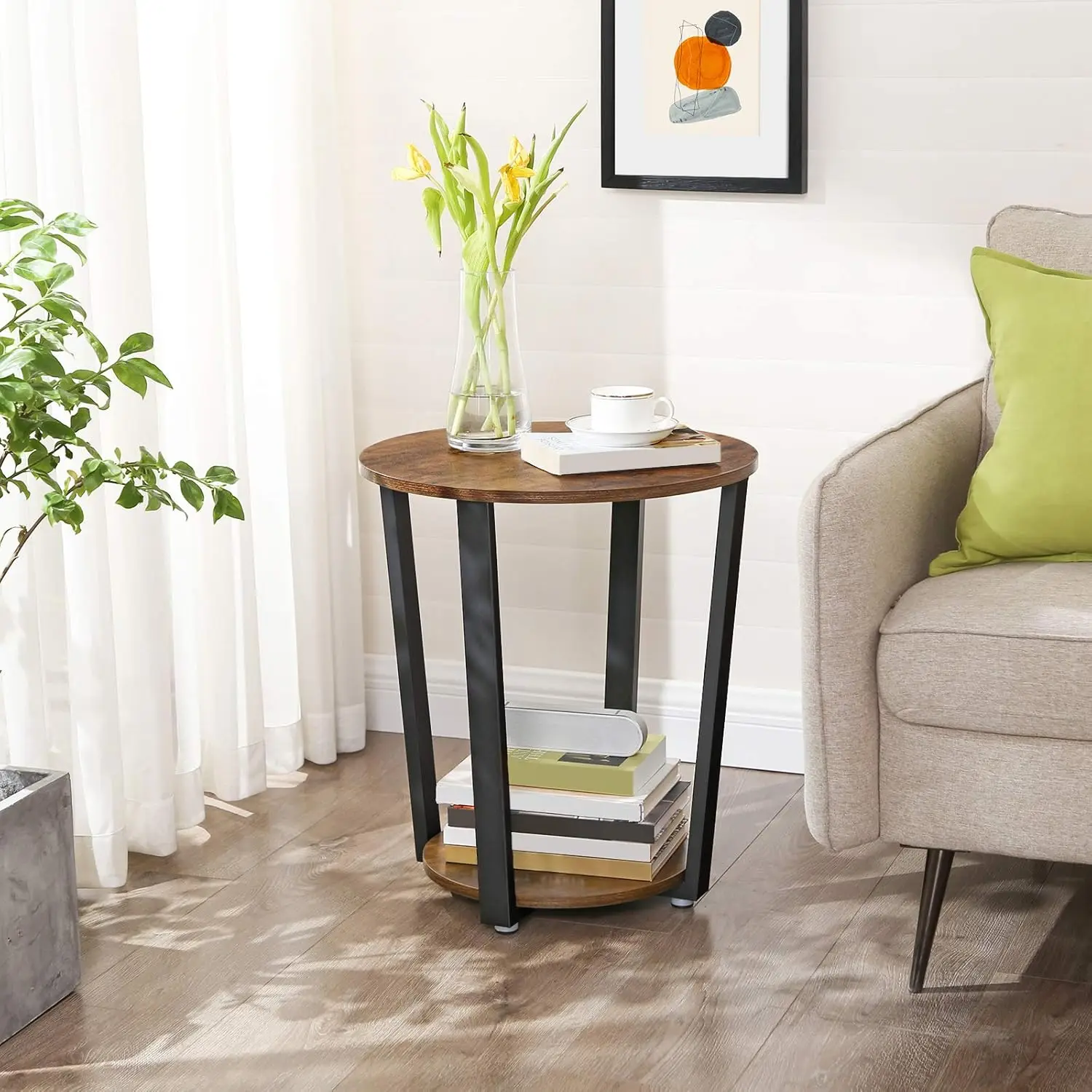 End Table, Round Side Table with Storage Shelf, Easy Assembly, Industrial Accent Furniture with Steel Frame