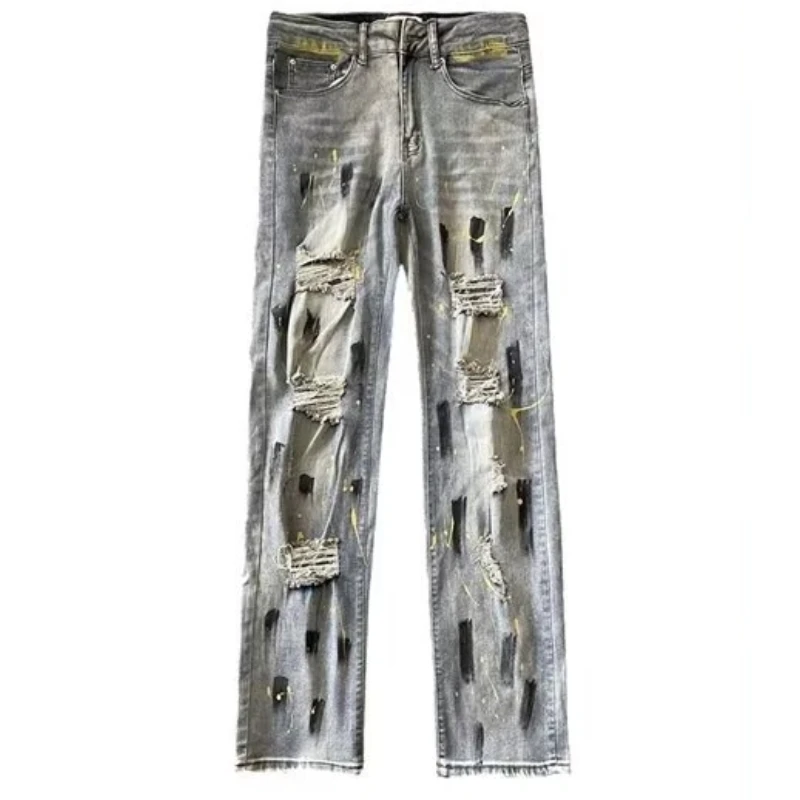 High Street Men's Speckled Graffiti Jeans with Broken Holes, European and American Hiphop Pants, Straight Leg Pants