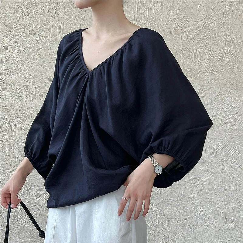 

Summer new casual pullover V-neck loose short sleeve shirt women
