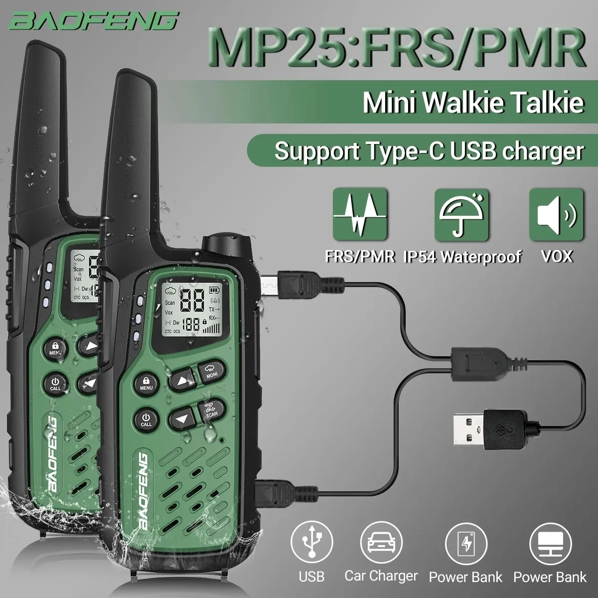 2Pack Baofeng MP25 PMR446/FRS Long Range Rechargeable Type-C Charge Mini Walkie Talkie With LCD Display Flashlight Two-way Radio