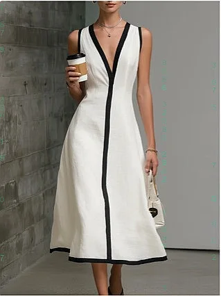

Black White Contrast Sleeveless V Neck Midi Dress Casual Loose Dresses Spring Summer Jumpsuit Playsuit