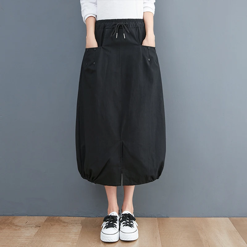 Gonna longuette a trapezio a vita alta Primavera New Sle plus Size Vita elastica Bocciolo di fiore Lanterna f Gonna corpo Casual Versatile Split