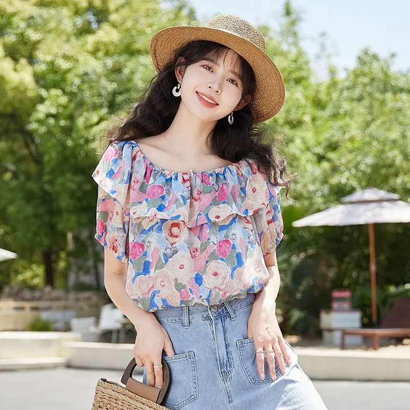 French Style One Shoulder Bubble Sleeve Floral Chiffon Shirt for Women\'s 2024 Summer New Loose Slimming Casual Trendy Chic Top