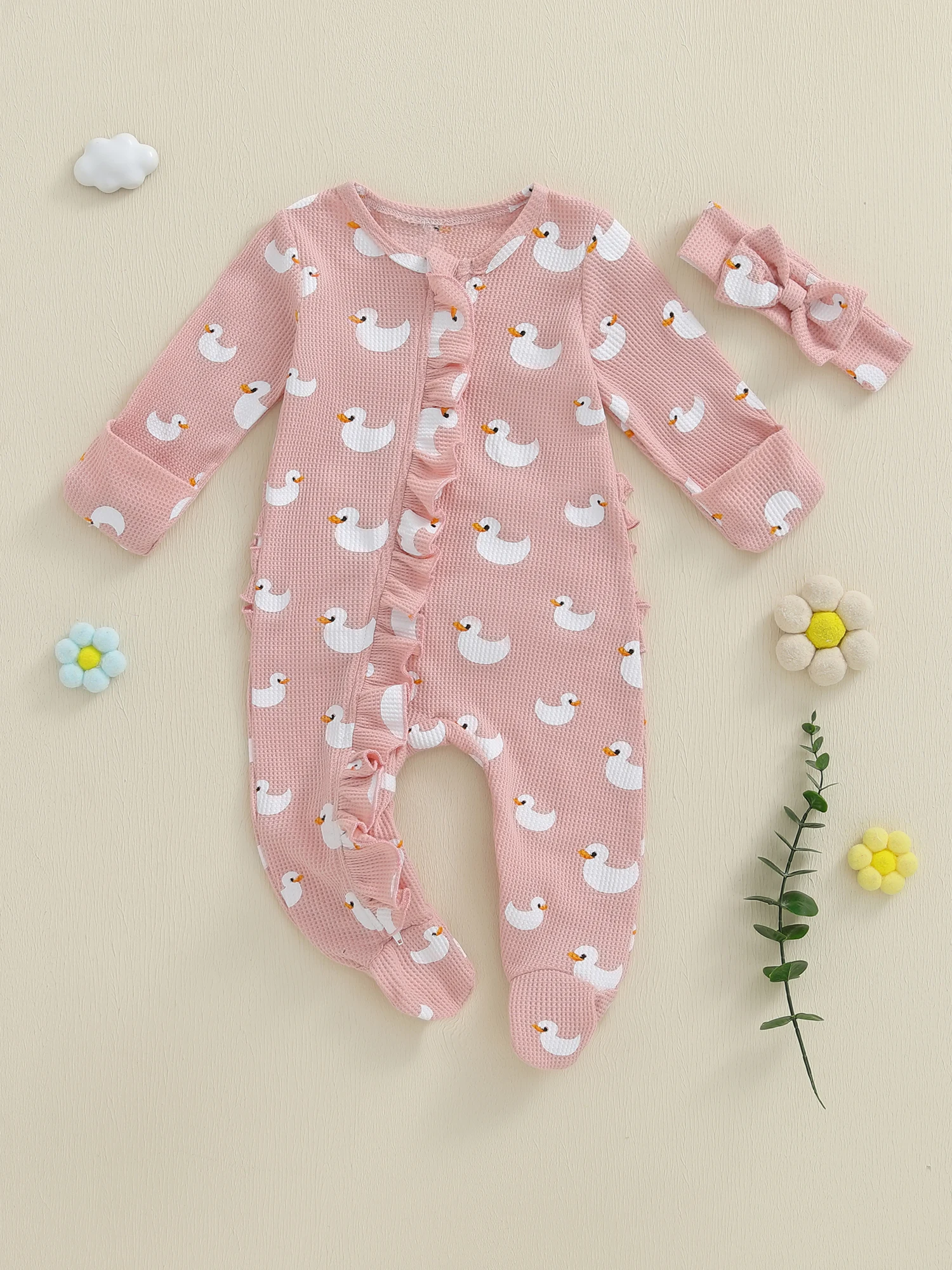 

Adorable Infant Girl Autumn Outfit Vintage-inspired Romper with Flower Pattern Full Sleeves Zip Closure Frilly Collar and