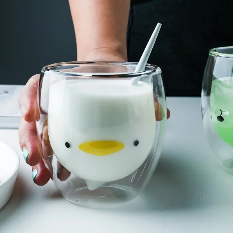 2026 Unique 280ml Cute Bear Double-layer Coffee Mug Glass Cup Cartoon Animal Milk Glass Lady Cute Cat Duck Bear Cup Christmas Gi