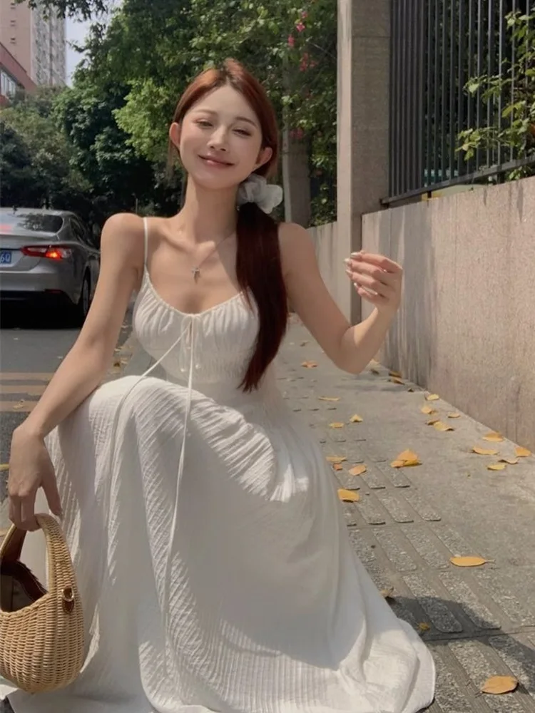 エレガントでセクシーなバックレスストラップドレス レディース 夏休み Aラインスカート ホワイト ウエストシェイプ スリムロングドレス