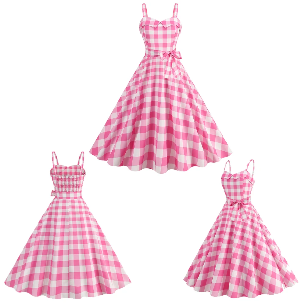 Castone Cosplay gioco di ruolo rosa Plaid pizzo gonna grande orlo vestito film Barbei Costume travestimento donne adulte vestito operato panno del partito