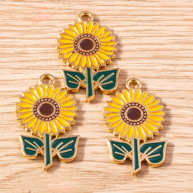 10 Stück 19 x 28 mm niedliche Blumen-Charms, Emaille-Sonnenblumen-Charms, Anhänger für Schmuckherstellung, Ohrringe, Halsketten, DIY-Bastelzubehör – Detail 4