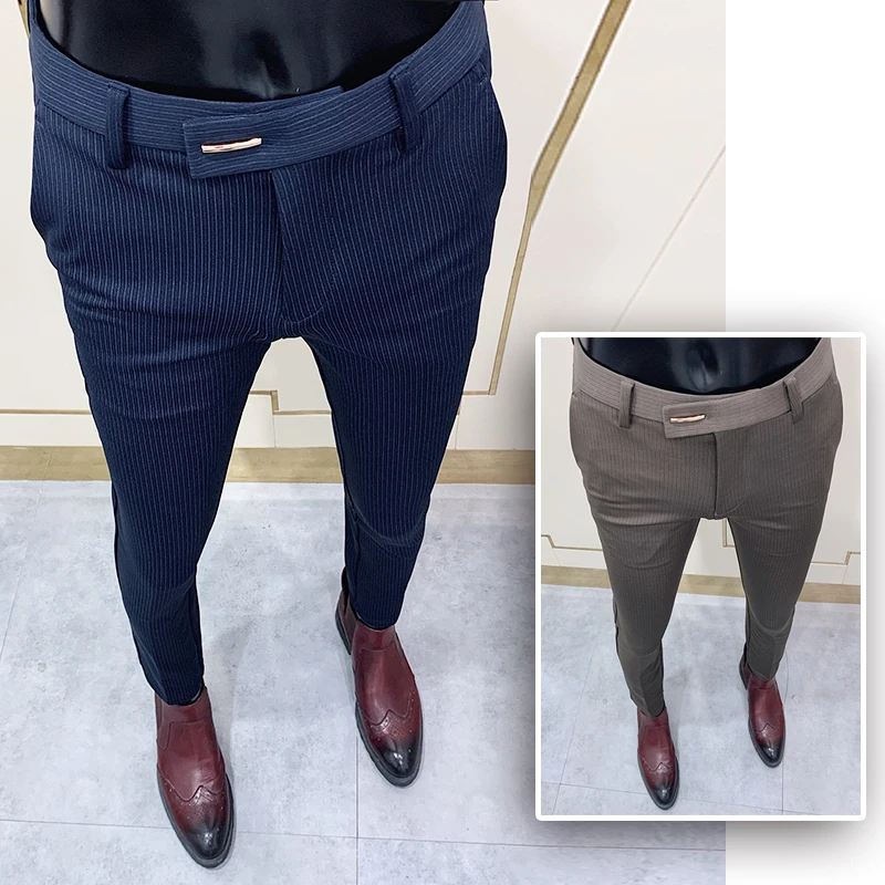 Fashion Striped Suit Pants Men Slim Fit Tight-ankle Social Pants Men Office Party Trousers Men Business Slim Fit Dress Trousers