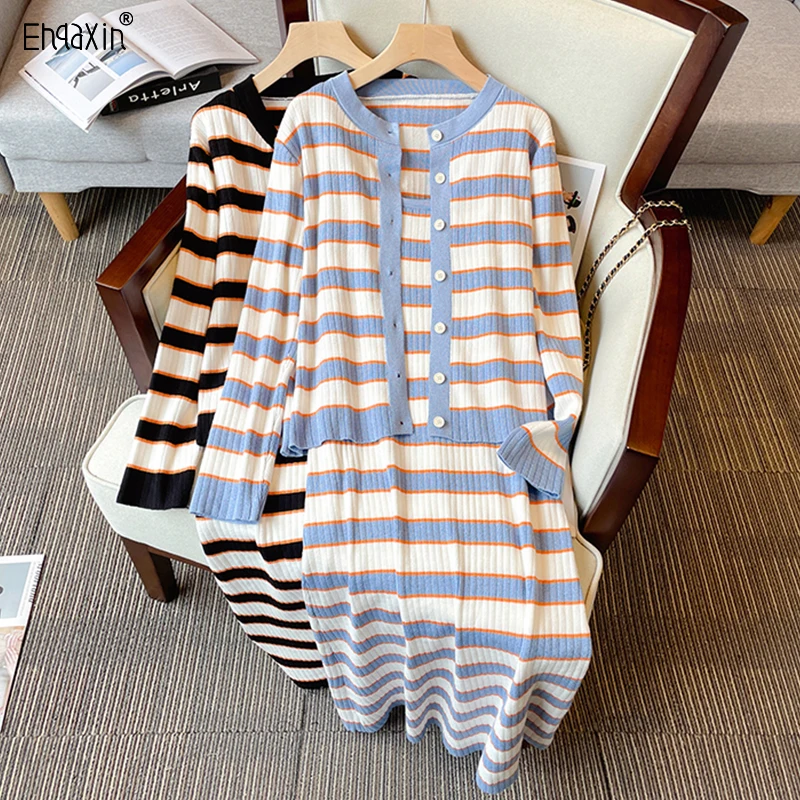 EHQAXIN 2023 Autumn Winter Women's Knitted Dress Set Fashion Stripe Knit Cardigan Tops+Loose Knitted Sling Dresses Sets M-4XL