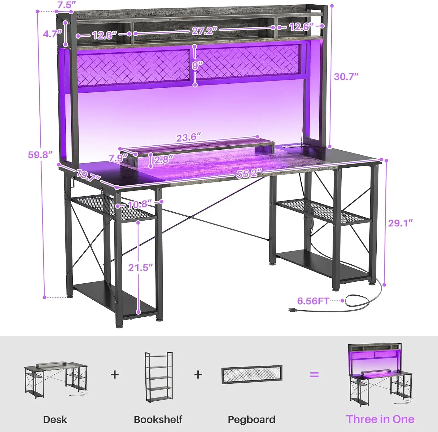 2024 Upgrade Gaming Desk with Hutch, 55.2'' Magic Computer Desk with LED Lights and Outlets, Reversible Workstation Des