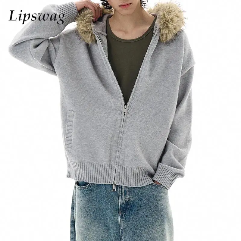

Stylish Faux Fur Hooded Cardigan Tops Men Autumn Winter Daily Casual Solid Color Knit Jacket Coat Mens Vintage Zipper Outerwear