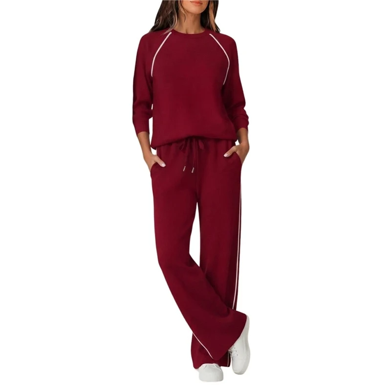 Women's 2 Piece Outfit Set Spring Fall Casual Color Block Crew Neck Long Sleeve Wide Leg Fashion Elegant