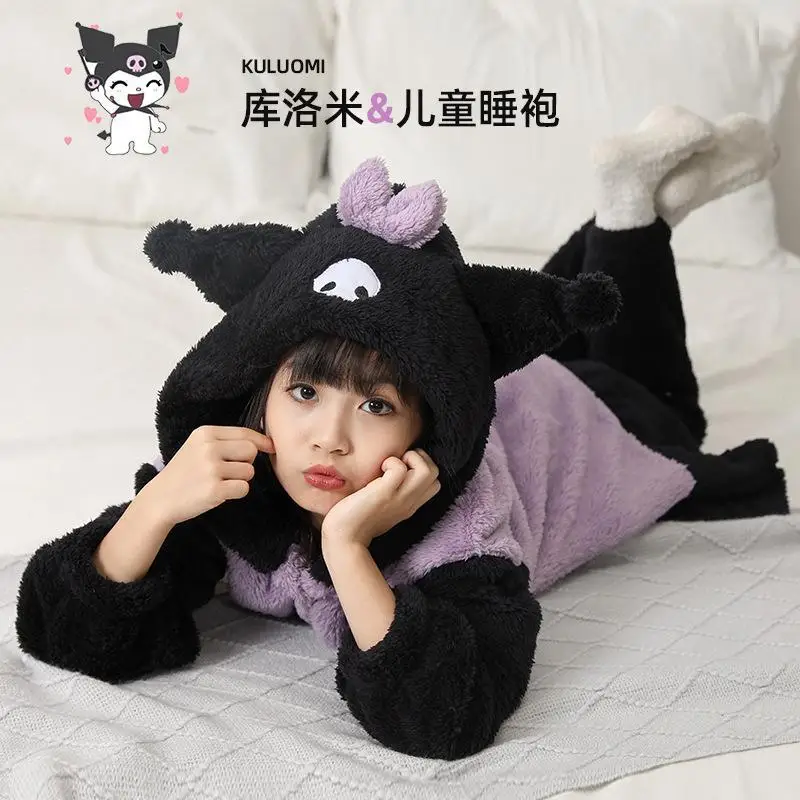 

Детский ночной халат в стиле аниме Sanrio Kawaii Kuromi Cinnamoroll, ночная рубашка с капюшоном и штаны, милая мягкая домашняя одежда, одежда для девочек