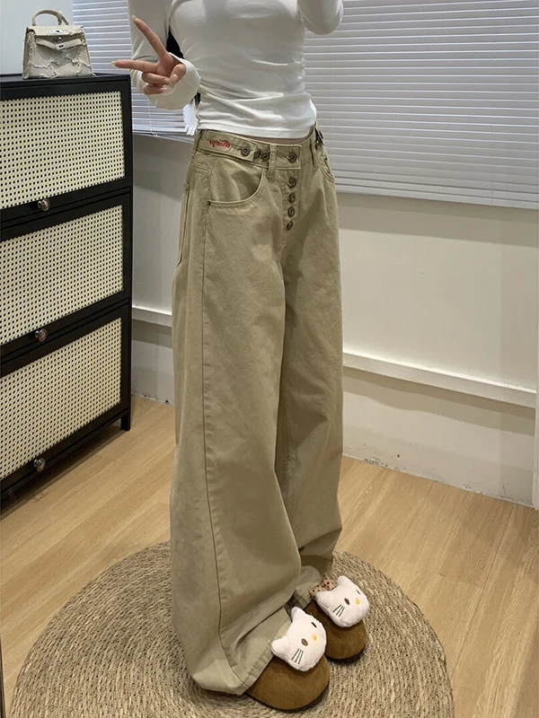 

Американские ретро-джинсы цвета хаки с широкими штанинами для женщин, новая зимняя модель, с высокой талией, свободные, повседневные, комфортные, без стрейча