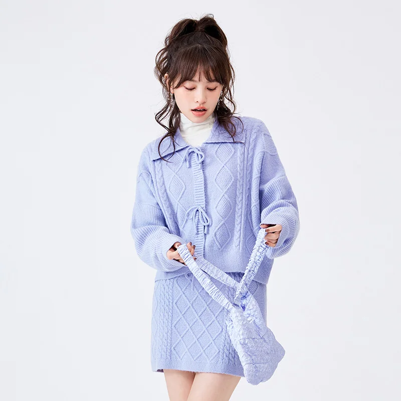 Semir Knitted Suit Women Lapel Sweater Cable Skirt 2023 Winter New Bow Solid Color Two-Piece Set