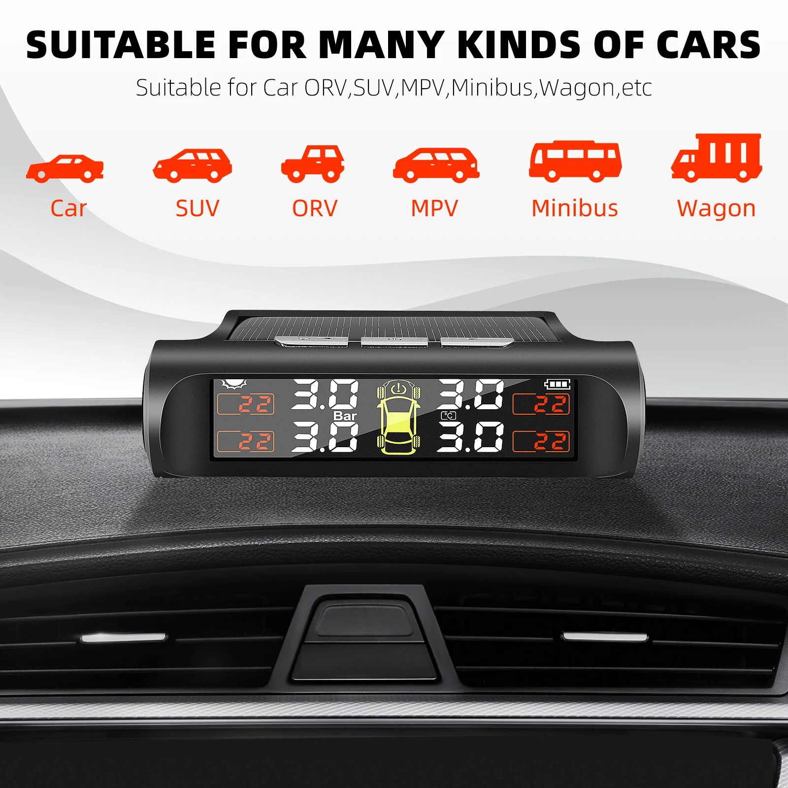 نظام مراقبة ضغط الإطارات اللاسلكي بالطاقة الشمسية TPMS LCD إنذار ضغط إطارات السيارة تحذير درجة الحرارة مع 4 أجهزة استشعار