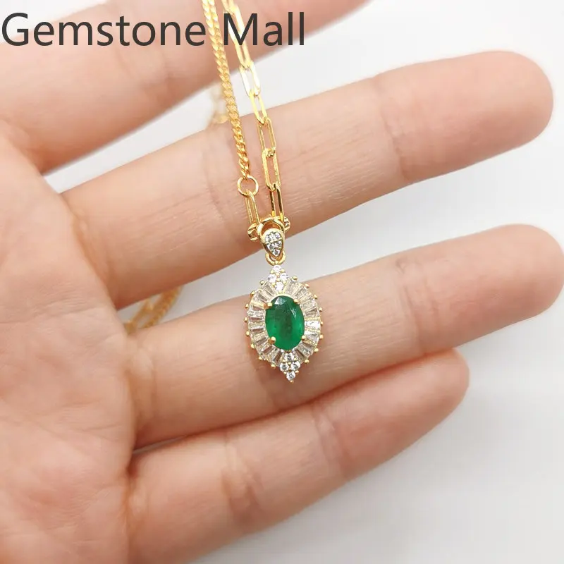 925 Sterling Silver 100% Natural Emerald Pendant for Party 0.6ct 5mm*7mm Emerald Silver Pendant with 3 Layers 18K Gold Plating