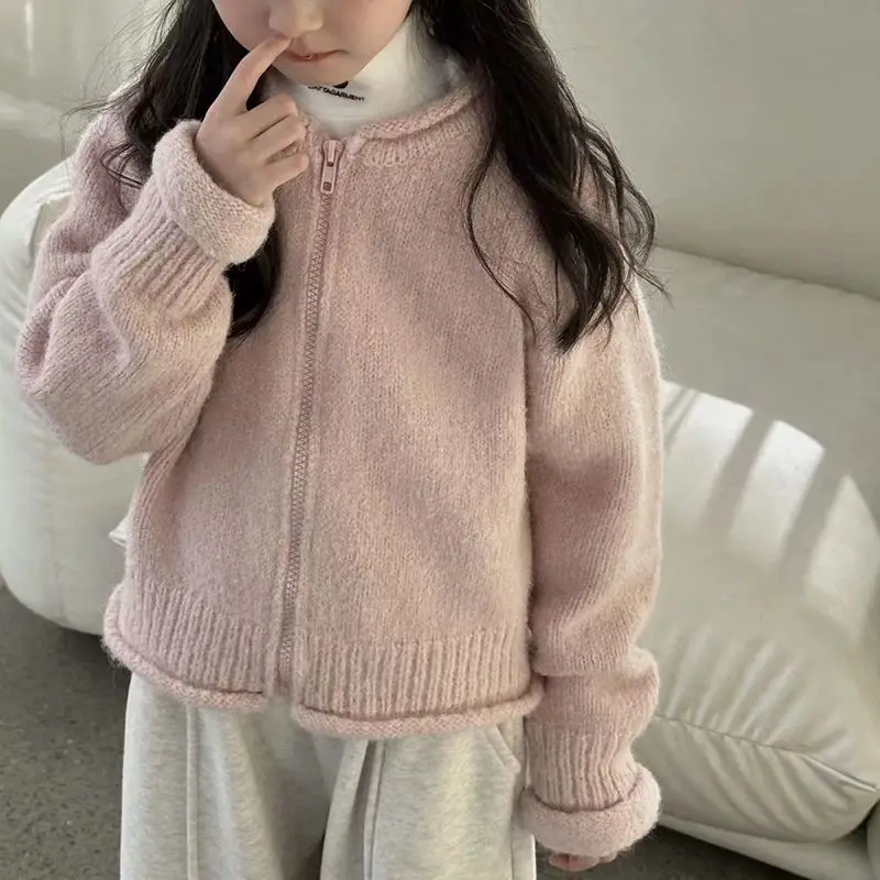 Autumn Winter Girls Sweater 2025 New Korean Fashion Casual Daily Simple Solid Color Zipper Long Sleeve Coat Kids Sweet Knitwear