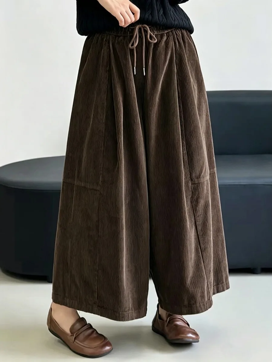 Authentic 2026 Autumn Winter Loose Wide Leg Pants Elastic Waist Casual Cotton Polyester Blend Velvet Pants Straight Cut Trousers
