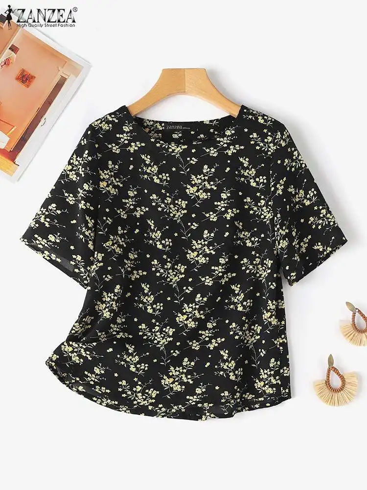 ZANZEA 2024 Summer Bohemian Blouses Casual Elegant Women O-neck Blusas Mujer Short Sleeve Floral Printed Holiday T-shirts