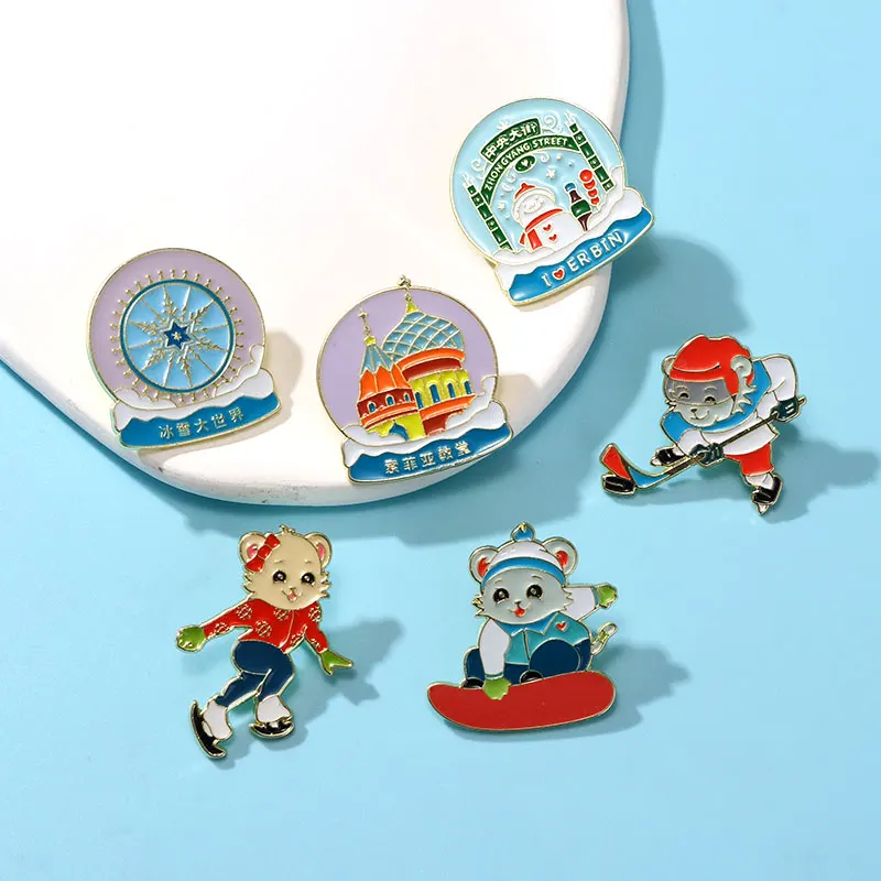 Creative Cute Animal Athletes Theme Enamel Pins Sporty Playing Skating Skiing Ice Hockey Bear Brooches Cheap Winter Jewelry