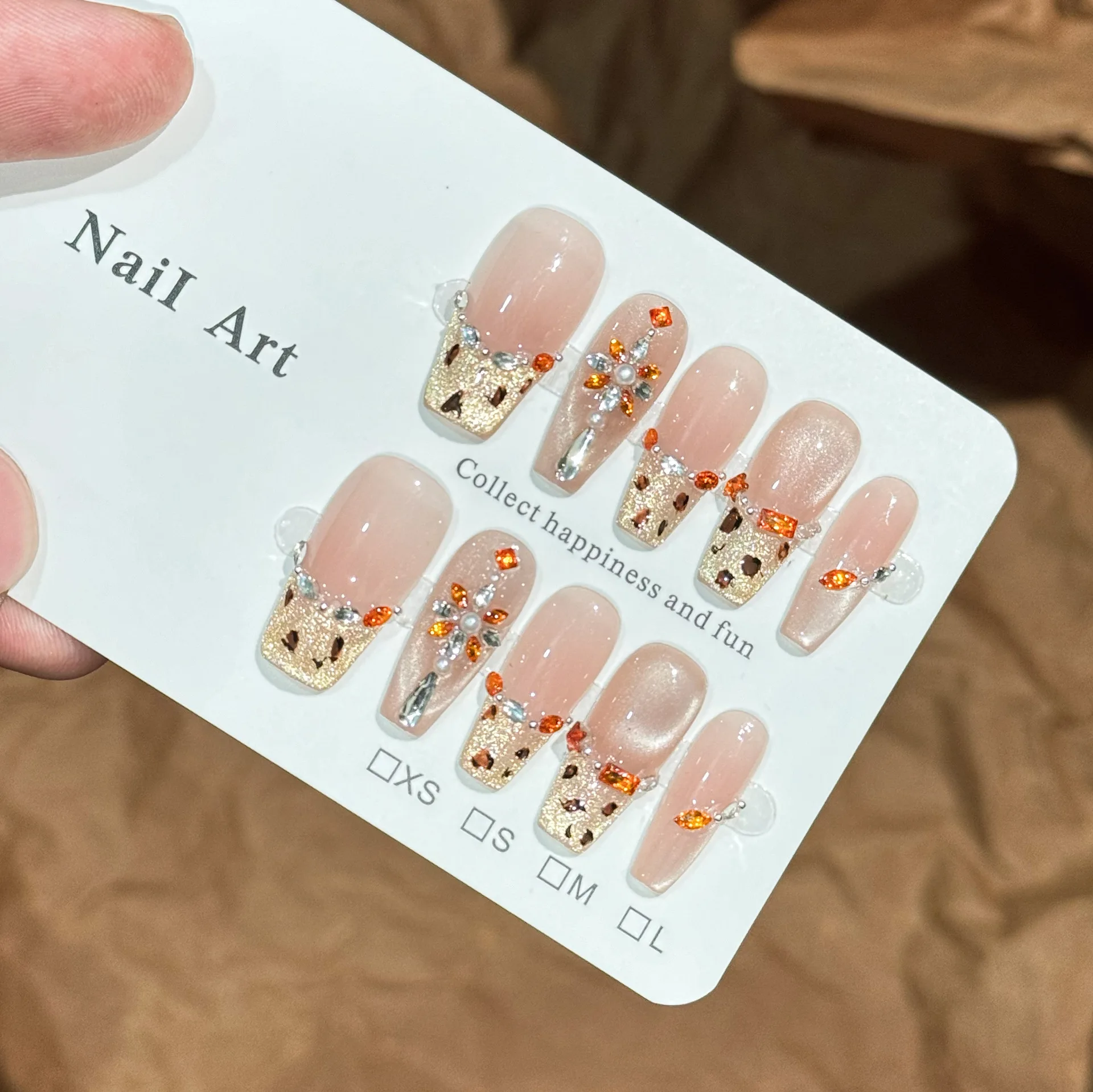 10pcs Handmade Press on Nail Amber French Leopard Print Cat Eye False Nail Middle Ladder Full Coverage Nail Tips for Women&Girl