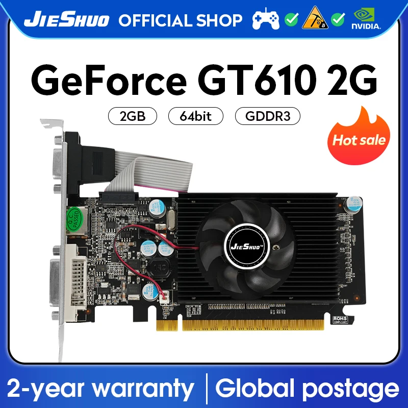 

Видеокарта JIESHUO NVIDIA GeForce GT610 2 ГБ DDR3 GPU VGA 64bit gt610 2g Компьютерная настольная игровая офисная RVN CFX 610 gt