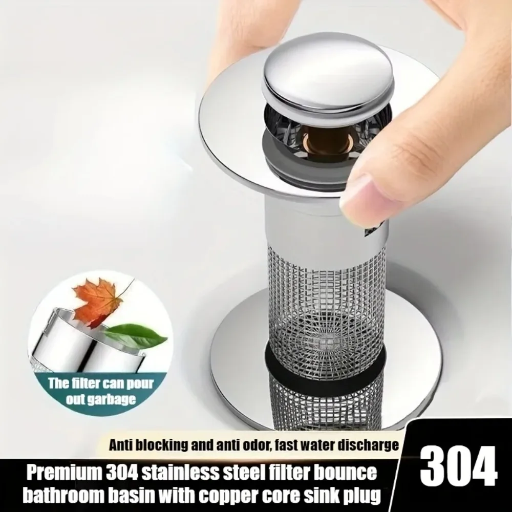 Stainless steel filter screen washbasin leak proof plug, copper core bounce valve, suitable for bathroom kitchen sink drain pipe