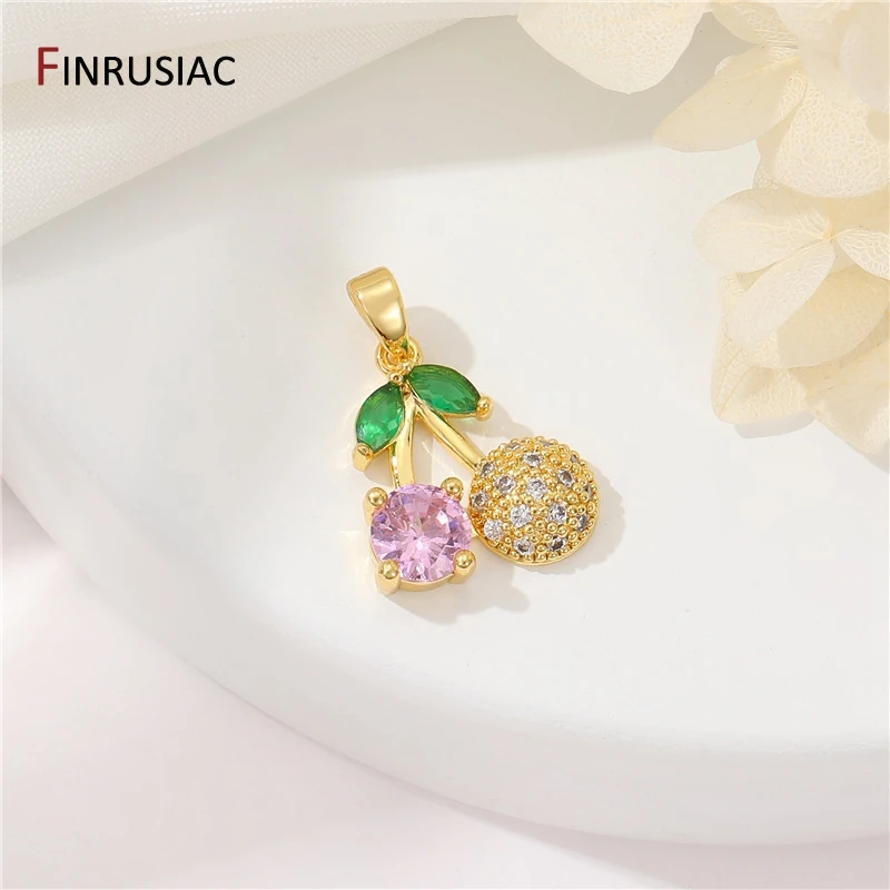14K Gold Plated Brass Zircon Cherry Flower Charms For Jewelry Making Supplies DIY Necklace Bracelet Earrings Accessories