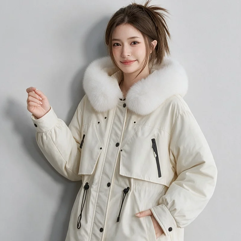 2026 Winter Women Cargo Big Faux Fur Hooded Parka Drawstring Waist Slim Thickened Warm Cotton Coat