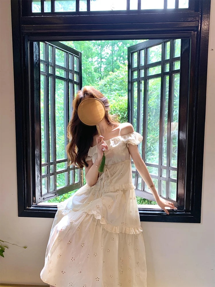 

MMENGJA Sweet Innocent First Love Water Soluble Embroidery Dress Summer Women's A-Line Dress High Waist Short Sleeve Long Dress