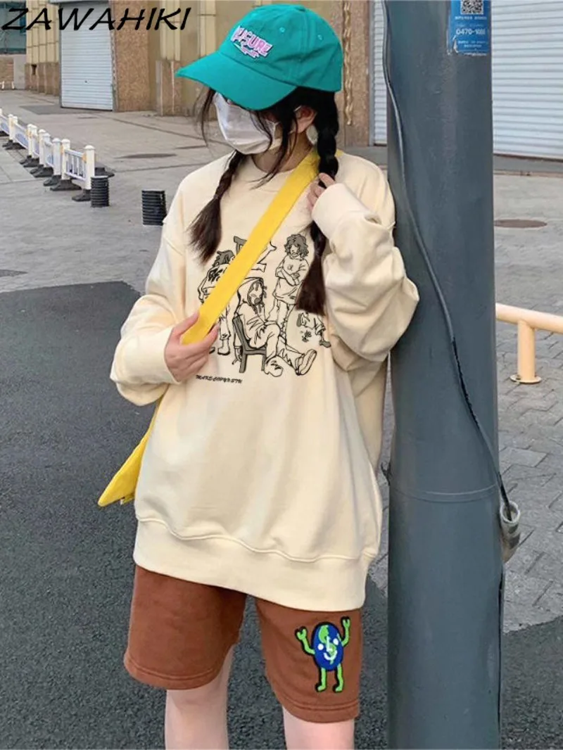 Zawahiki Sweatshirt Frauen japanische süße Brief Cartoon Print Mode lose alle passen lässig niedlichen O-Ausschnitt Streetwear Chic Tops