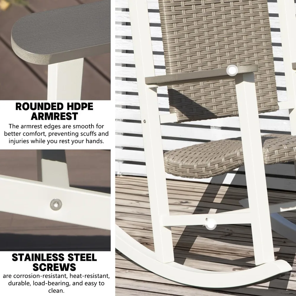 Domi Outdoor Rocking Chairs Set of 3, Durable HDPE Patio Oversized Rockers for Adults, Wicker Rocking Chair with 380lbs Support,